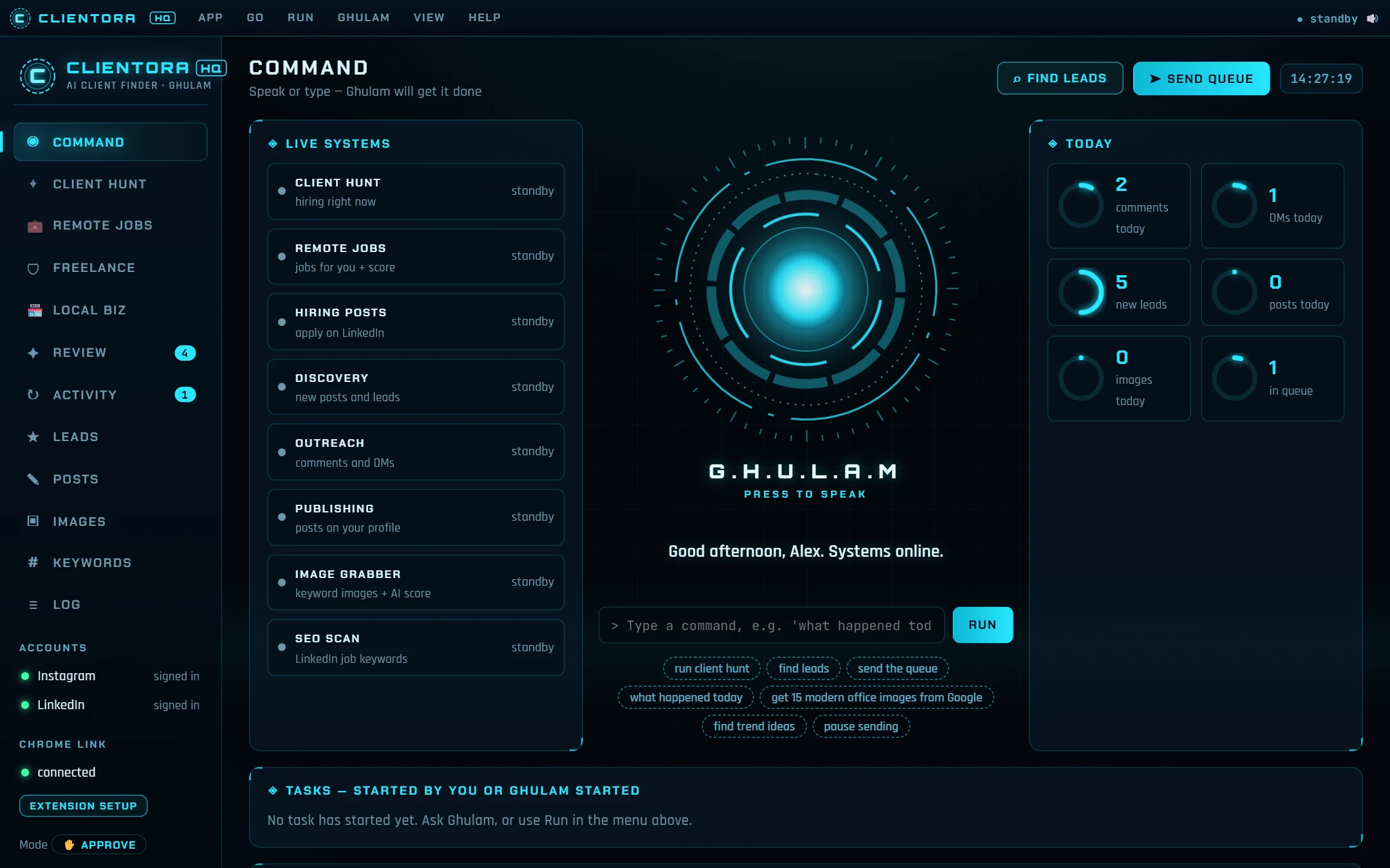 ClientoraHQ Command screen showing today's leads, the review queue and sending limits