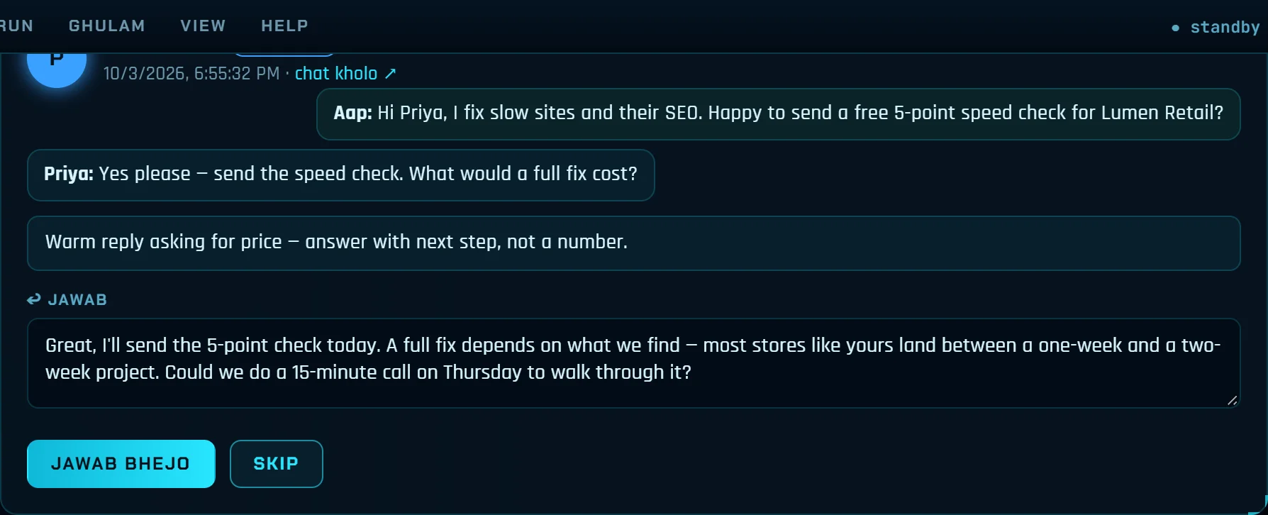 A lead replying 'what would a full fix cost?' and the AI's drafted answer suggesting a short call instead of quoting a number