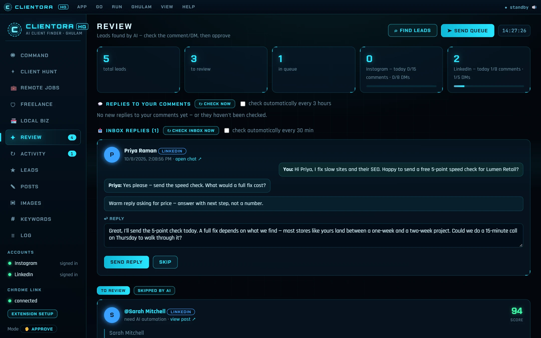 ClientoraHQ Review screen: an inbox reply from a LinkedIn lead with the AI's drafted answer, and new buyer-intent leads scored for approval